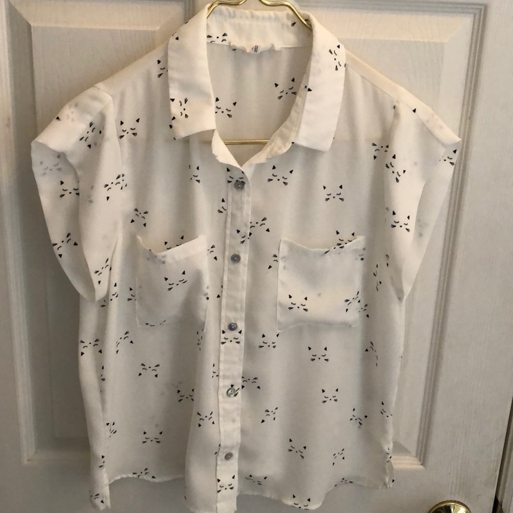 Sweet Rain cute CAT FACES!!!!!!!!!!!!!!!! Sheer White Top Sz Medium